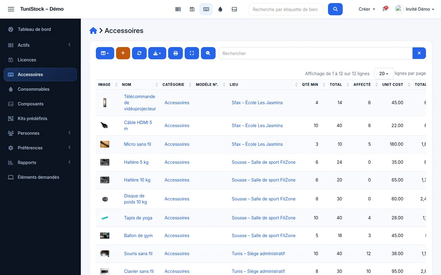 Liste des consommables avec quantités en stock et seuils minimum