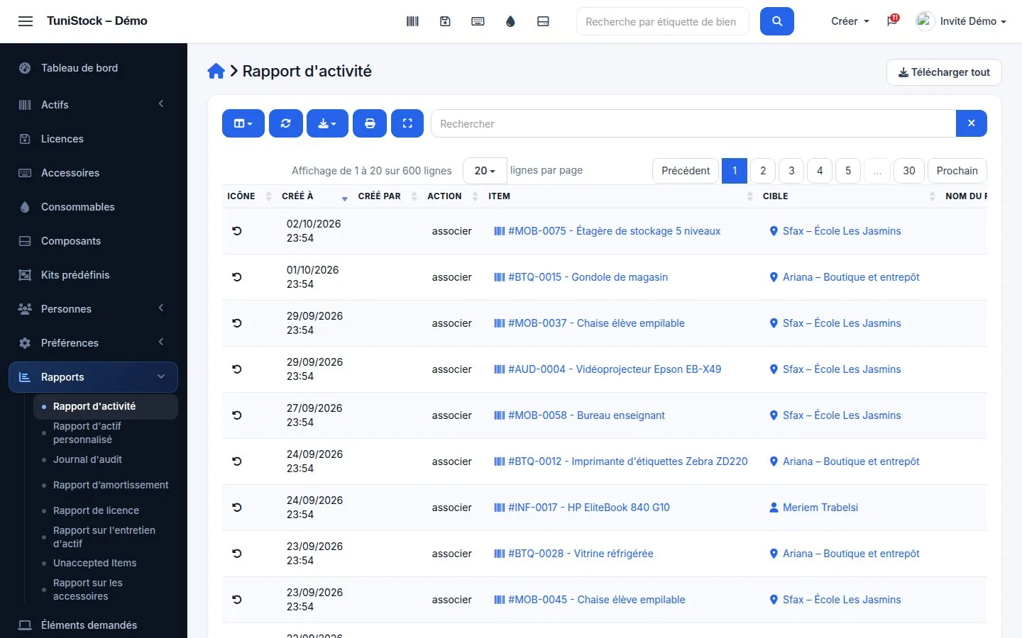 Journal d'activité listant les attributions d'équipements avec date, auteur et destinataire