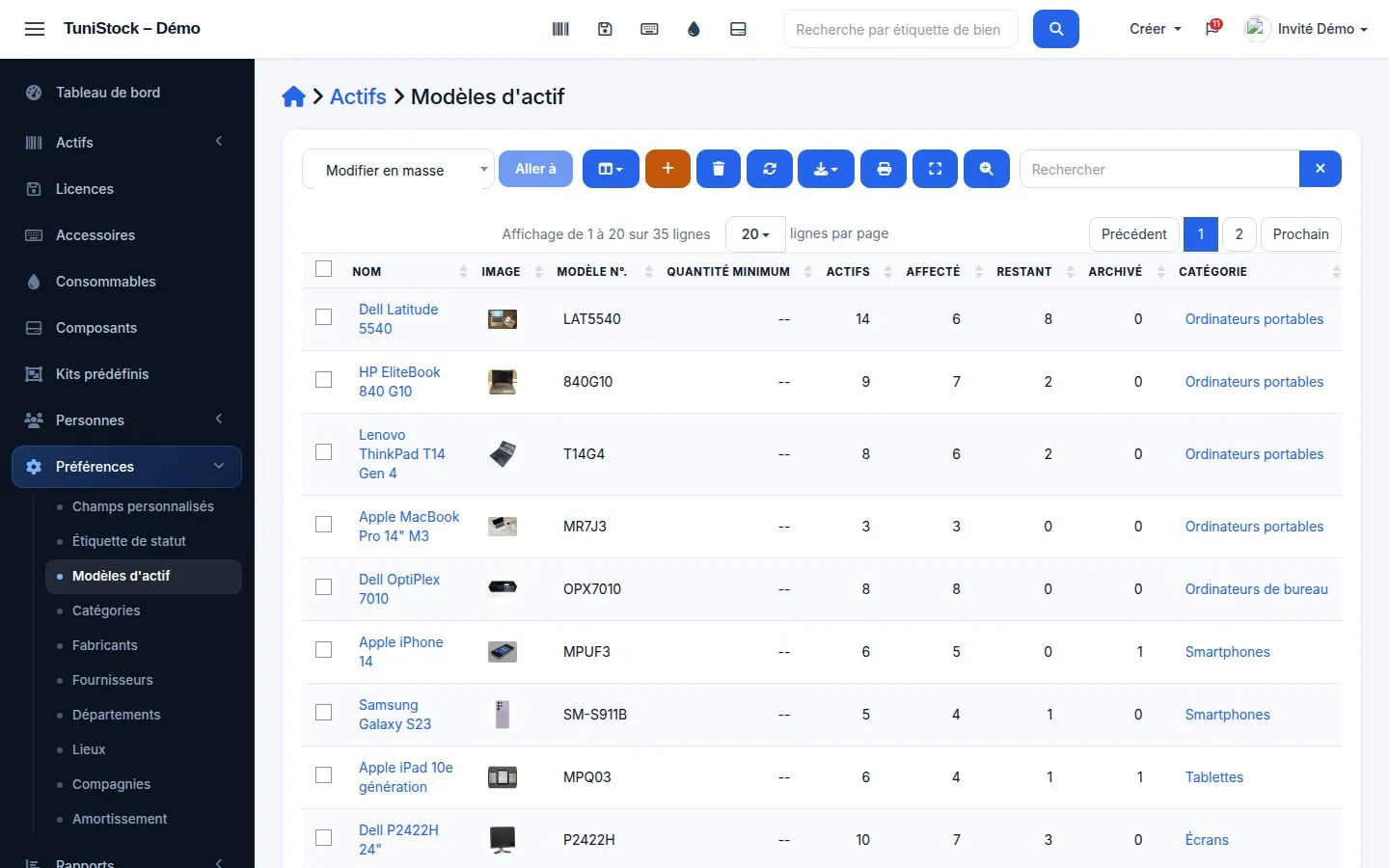 Liste des équipements TuniStock avec modèle, catégorie, statut, emplacement, coût et valeur